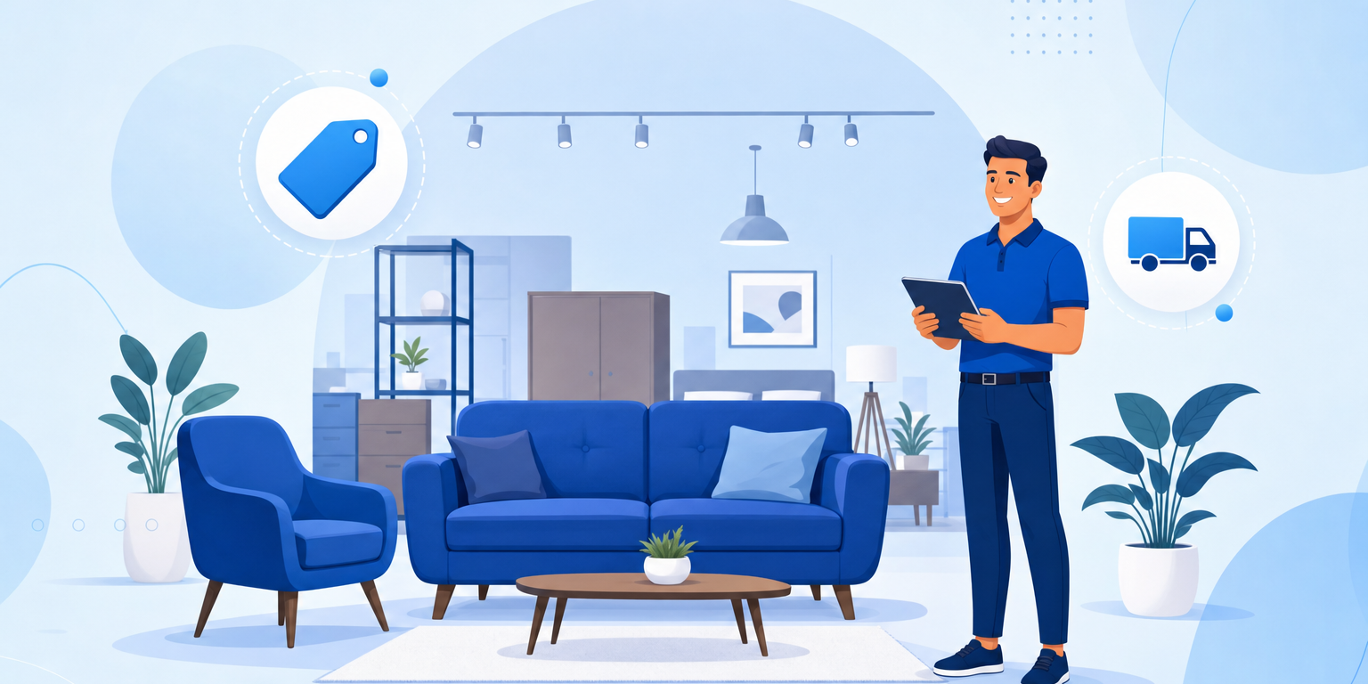 Vendedor usando um sistema para loja de móveis em um showroom com sofá e poltronas