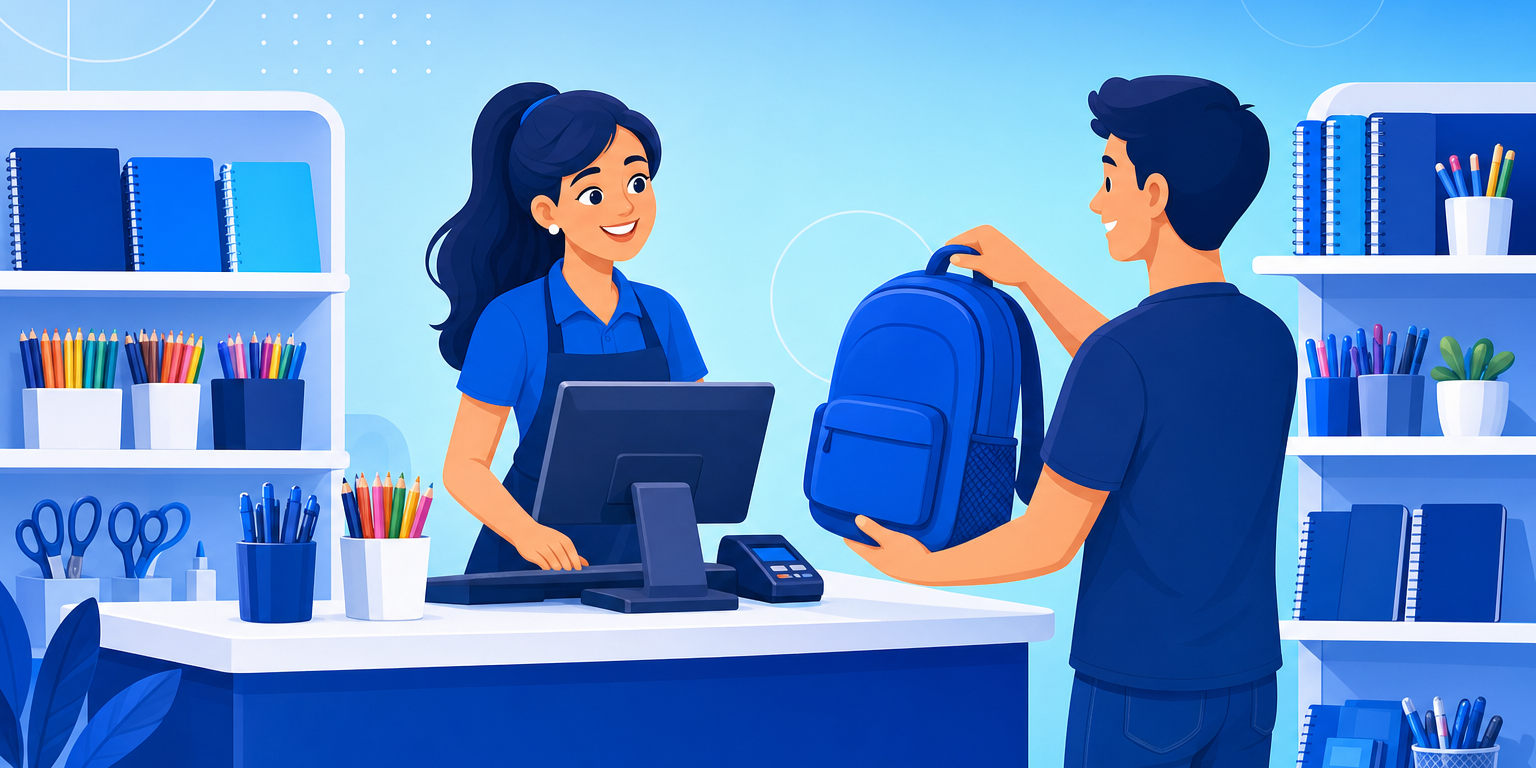 Atendente usando um sistema para papelaria no caixa com prateleiras de material escolar