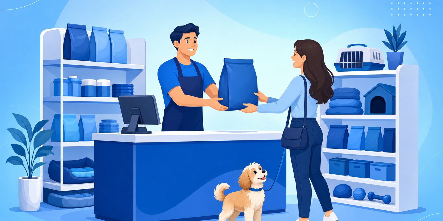 Dono de pet shop atendendo no balcão com sistema de gestão, prateleiras de ração ao fundo