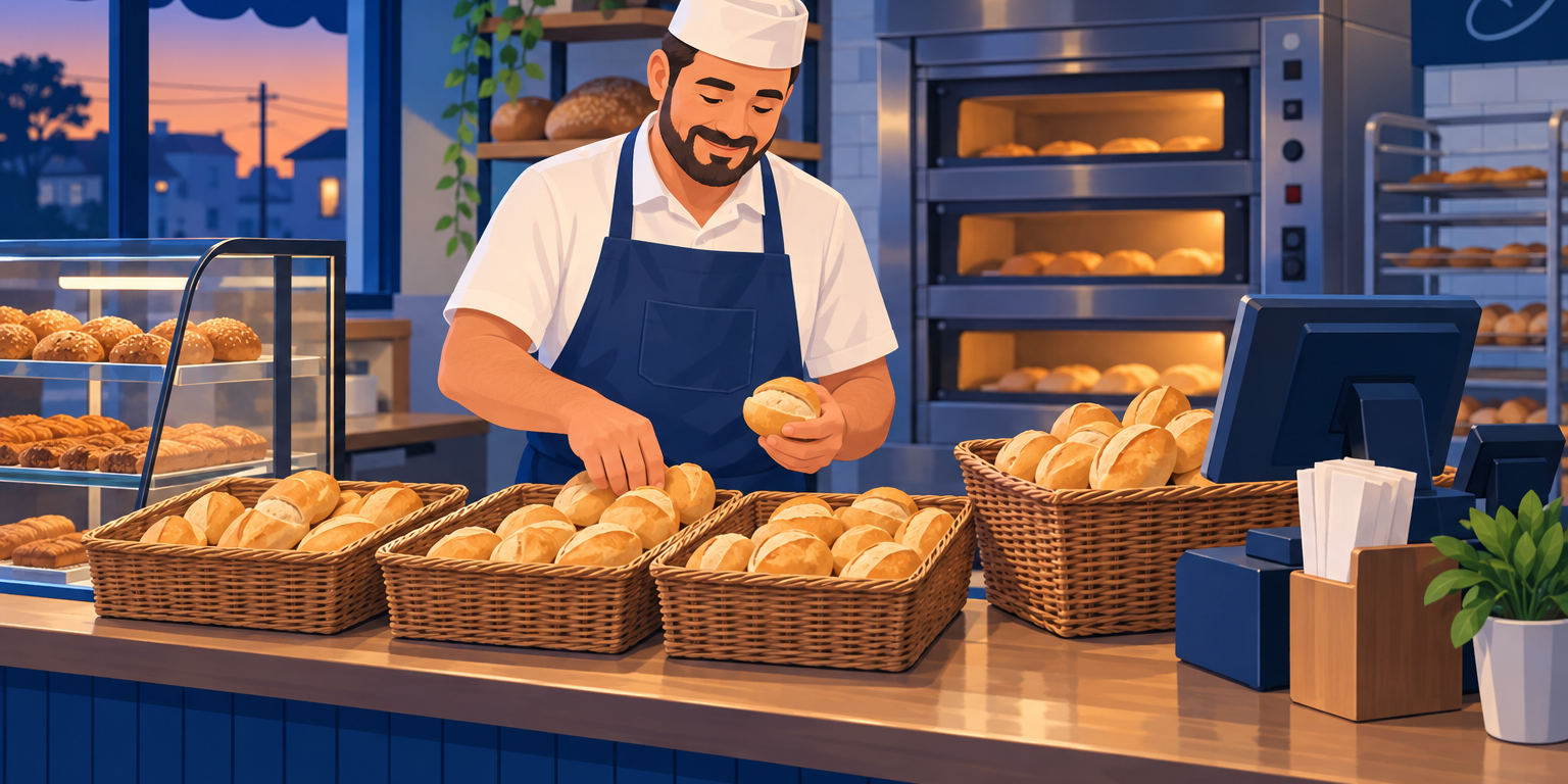 Padeiro contando a sobra de pão na padaria ao fim do dia, com cestos de pão francês no balcão e o forno ao fundo