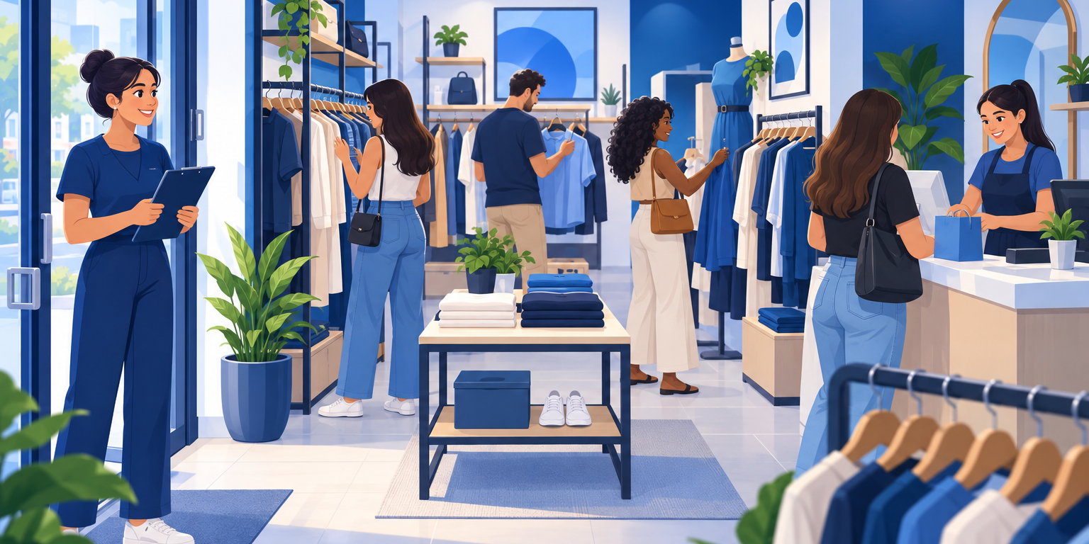Vendedora de loja de roupas marcando numa prancheta cada cliente que entra pela porta enquanto outra atende no provador, ilustrando a taxa de conversão da loja física