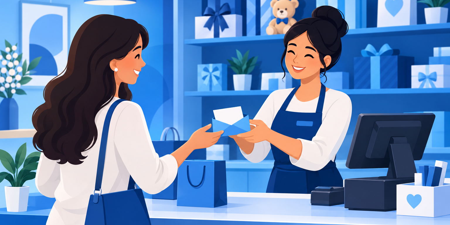 Atendente entregando um cartão vale-presente a uma cliente no balcão de uma loja de presentes, ilustrando vale-presente na loja