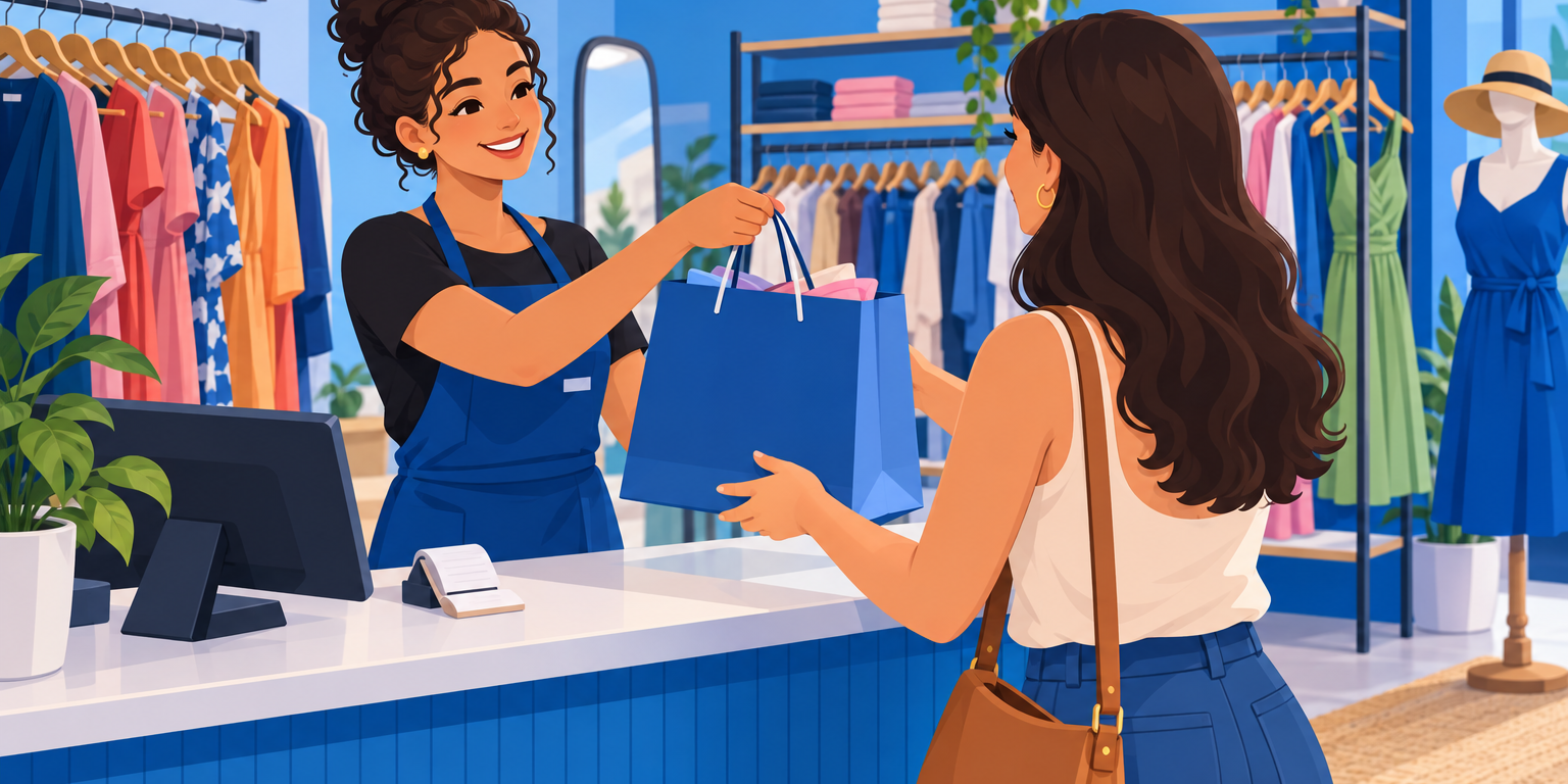 Vendedora de loja de roupas entregando sacola de venda condicional a uma cliente no balcão, com araras ao fundo