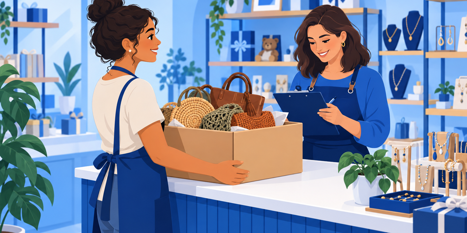 Artesã entregando bolsas em consignação no balcão de uma loja de presentes, com a dona conferindo a lista, ilustrando a venda consignada na loja