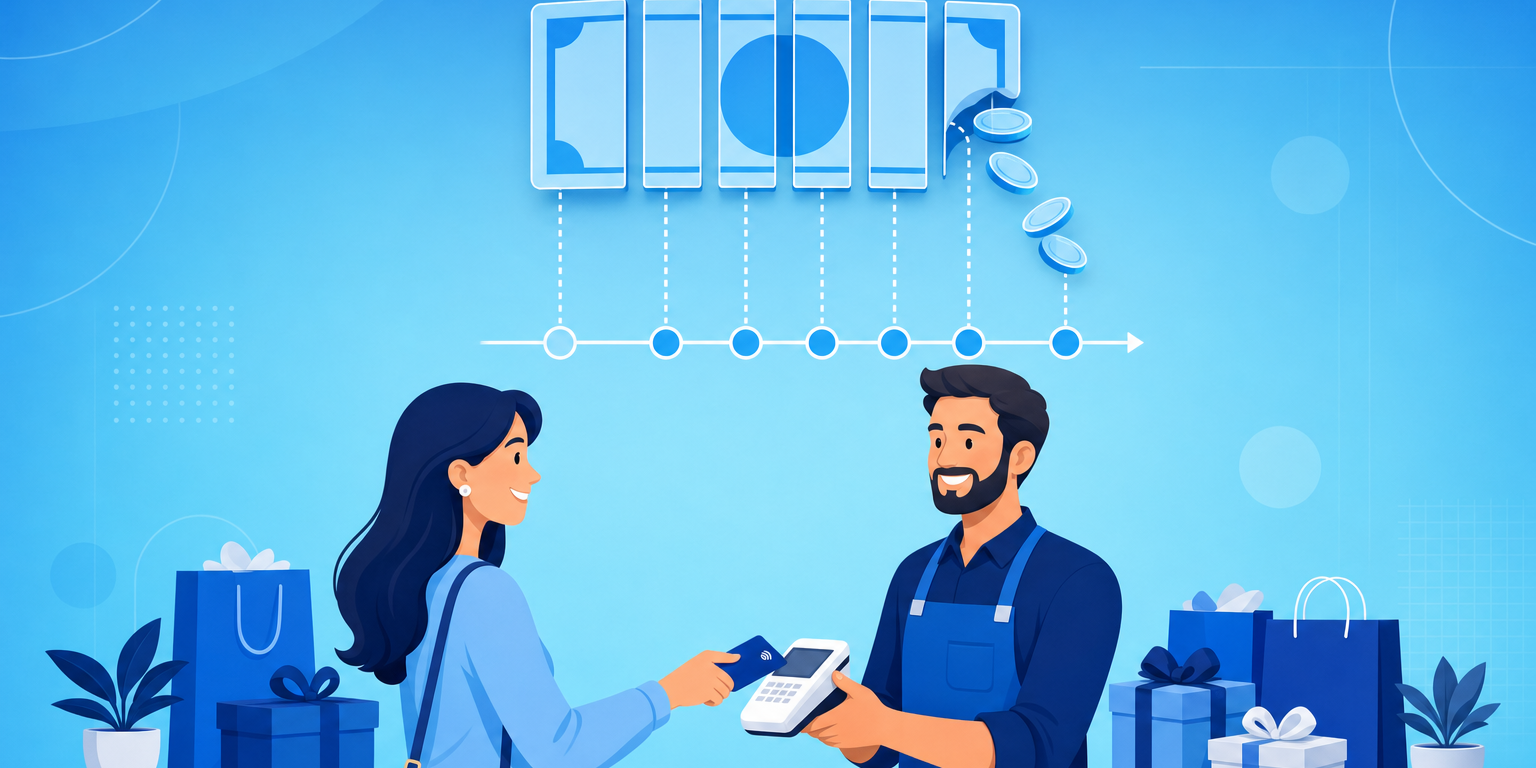 Cliente pagando com cartão na maquininha do balcão de uma loja enquanto o lojista confere a conta do parcelado sem juros