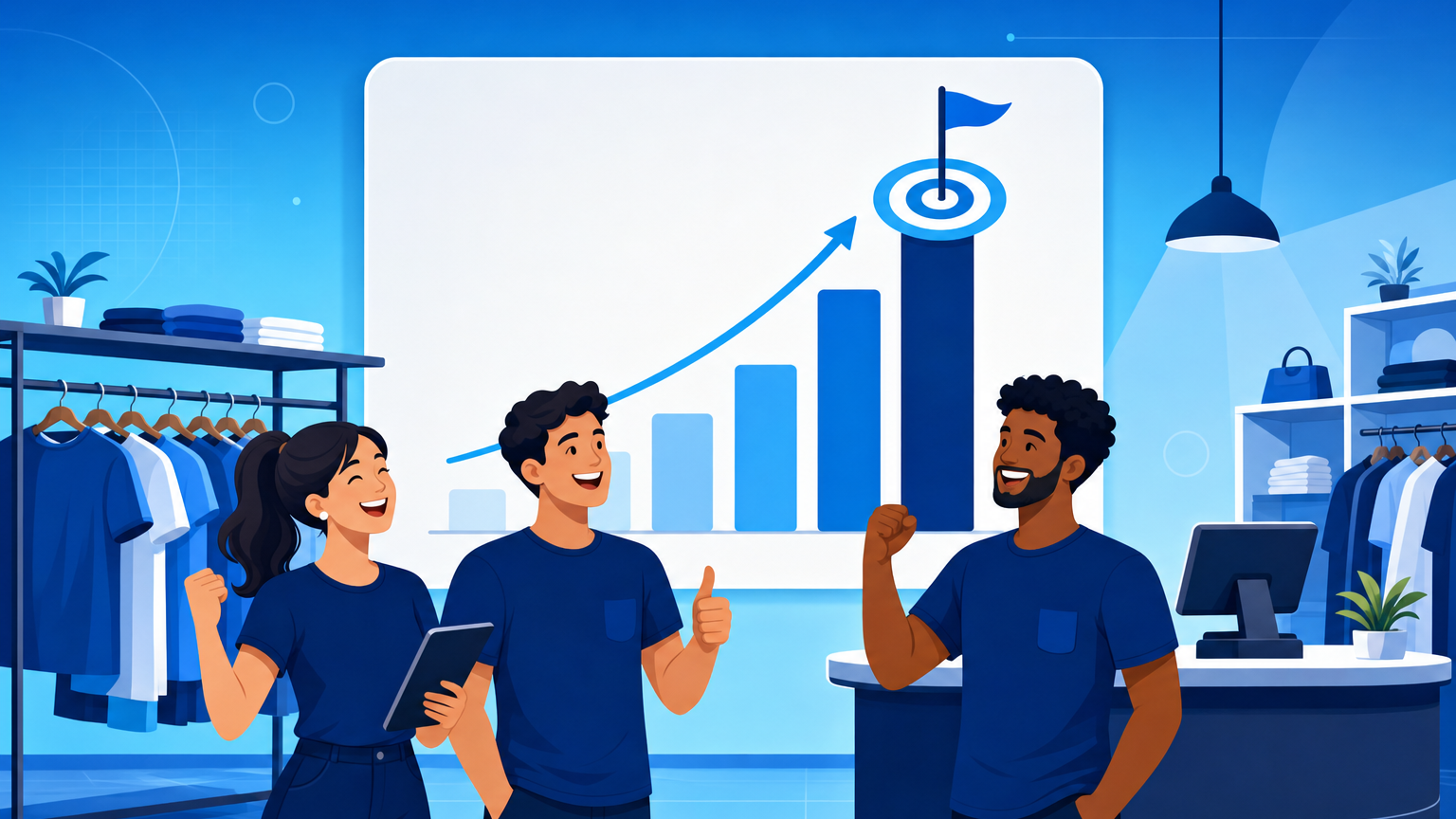 Equipe de vendedores de uma loja diante de um painel com gráfico de barras subindo em direção a um alvo, representando como calcular meta de vendas