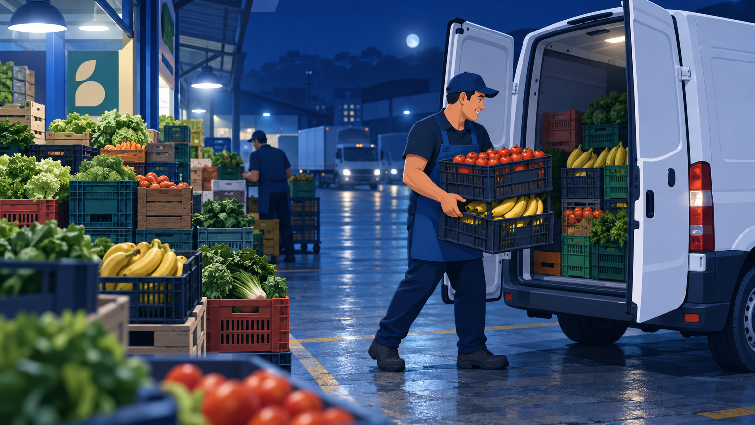 Dono de hortifruti carregando caixas de verduras numa van de madrugada no pátio do CEASA, ilustrando como comprar no CEASA para revender