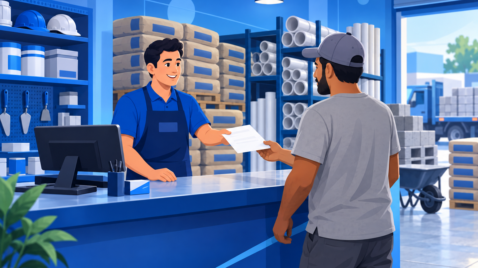 Vendedor de loja de material de construção entregando um orçamento impresso para um cliente no balcão, com a lista de itens ao lado