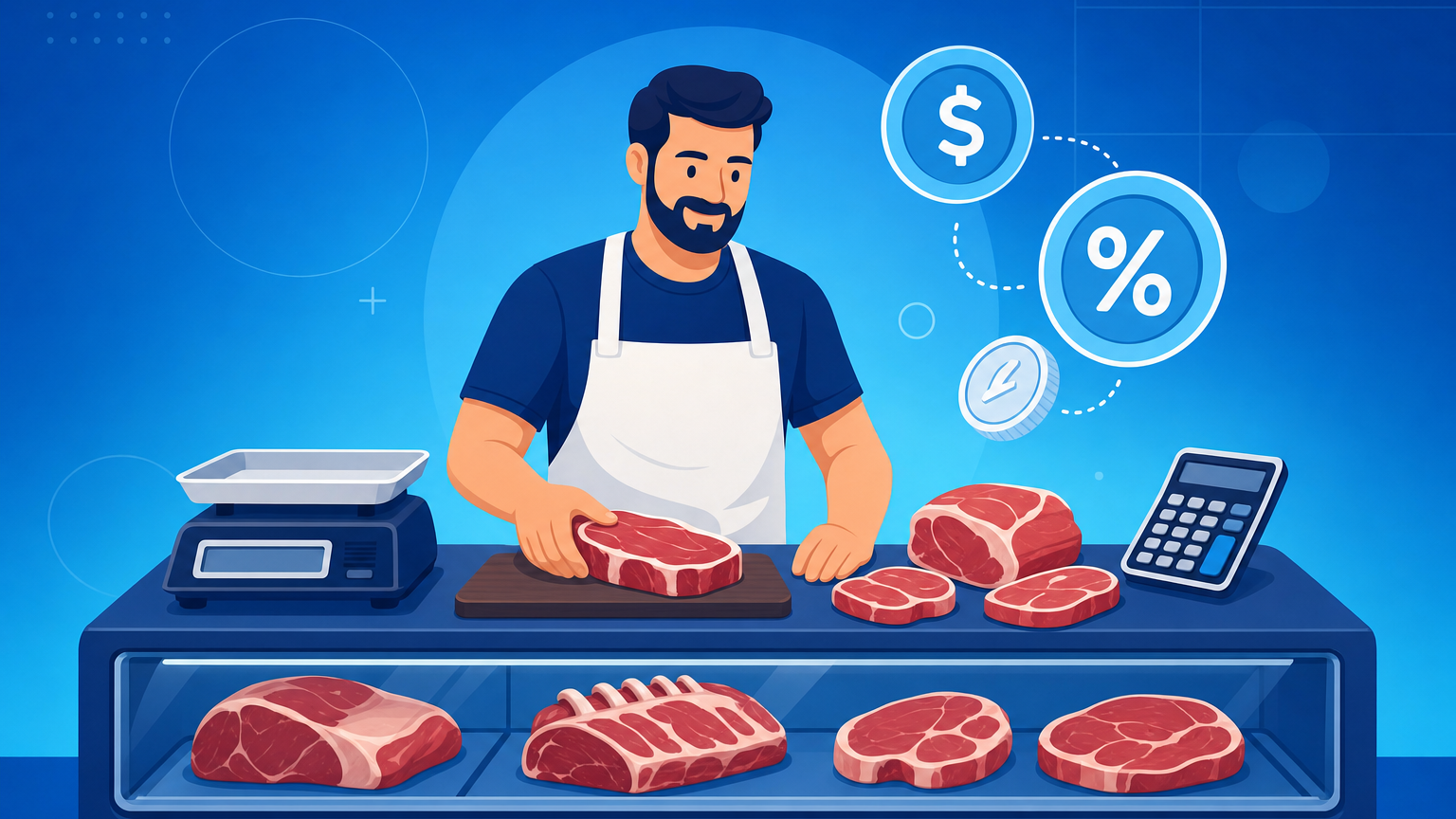 Açougueiro calculando o preço da carne por quilo ao lado da balança e dos cortes no balcão do açougue