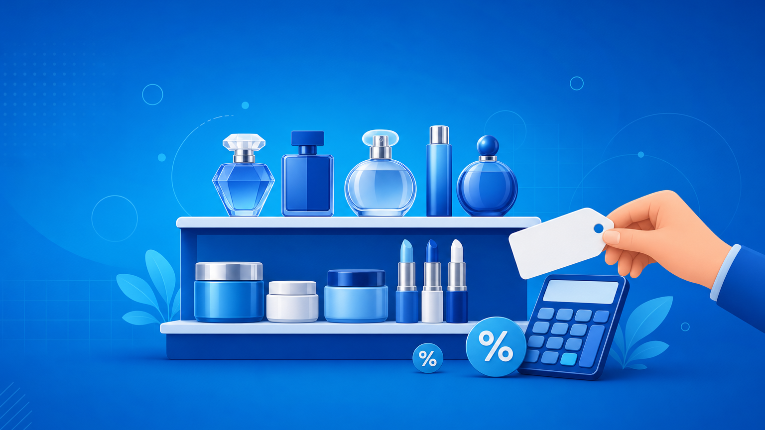 Prateleira de loja de cosméticos e perfumaria com frascos, etiquetas de preço e calculadora, representando como precificar cosméticos