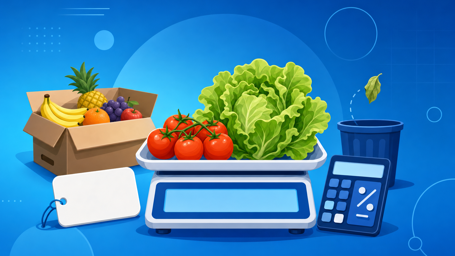 Banca de hortifruti com frutas e verduras, balança e etiqueta de preço por quilo, representando como precificar frutas e verduras