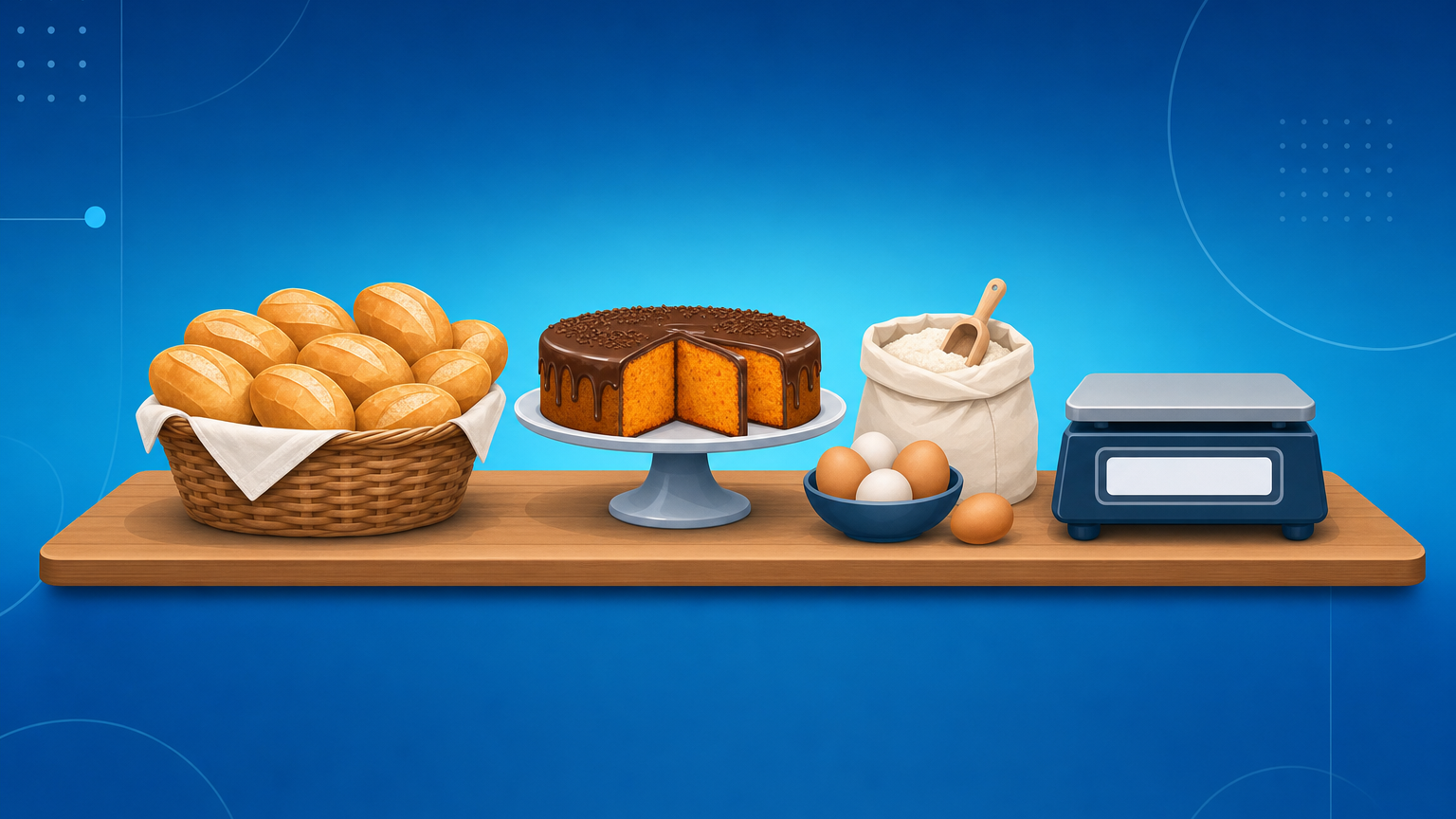 Balcão de padaria com pães franceses, bolo fatiado e calculadora ao lado de um caderno de receitas, ilustrando como precificar pães e bolos