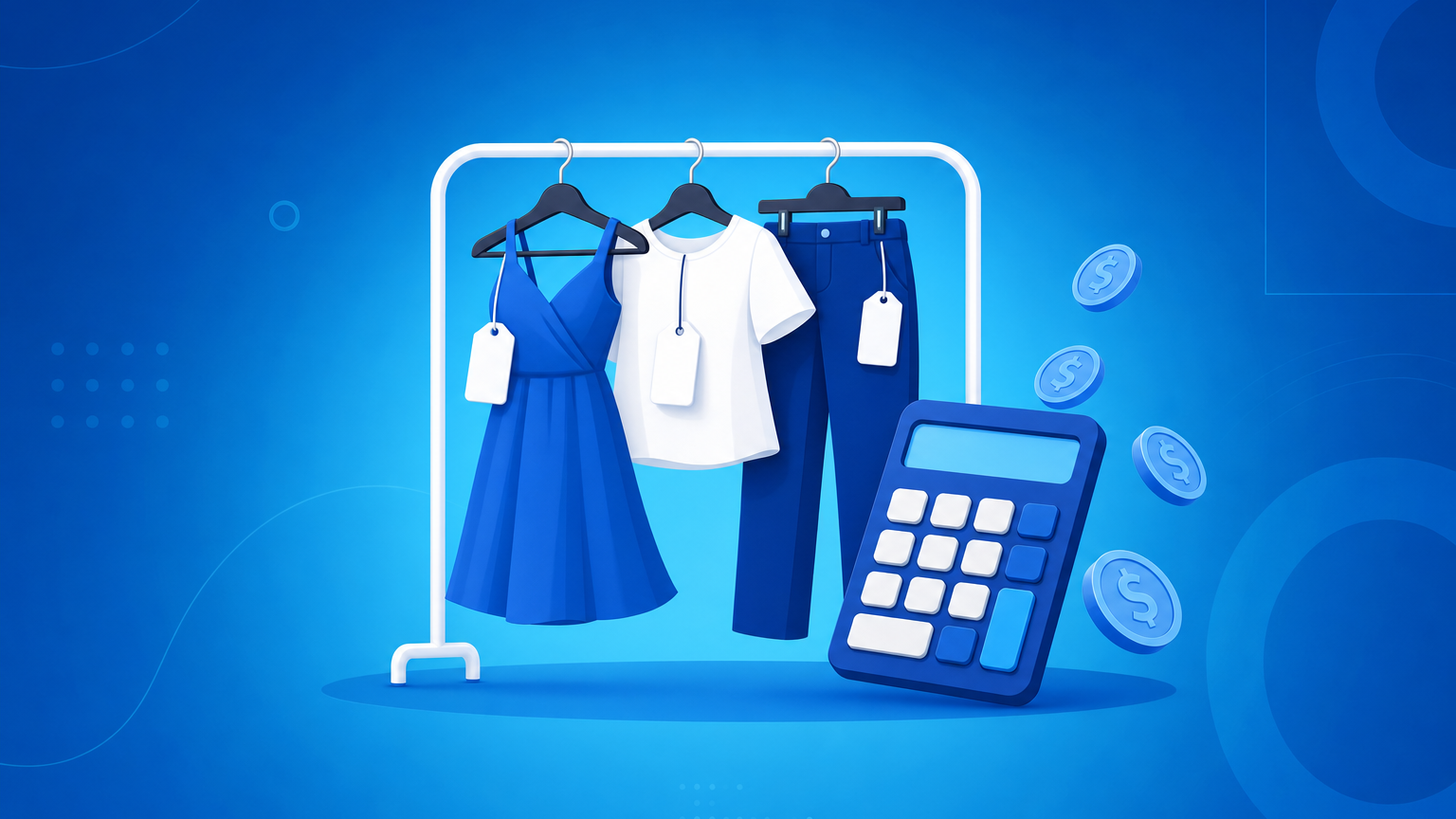 Lojista calculando o preço de venda de roupas em uma arara de loja de moda