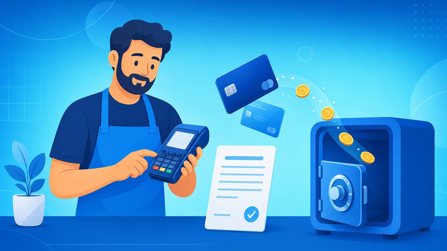 Lojista conferindo vendas da maquininha de cartão com o extrato bancário, ilustrando a conciliação de cartão