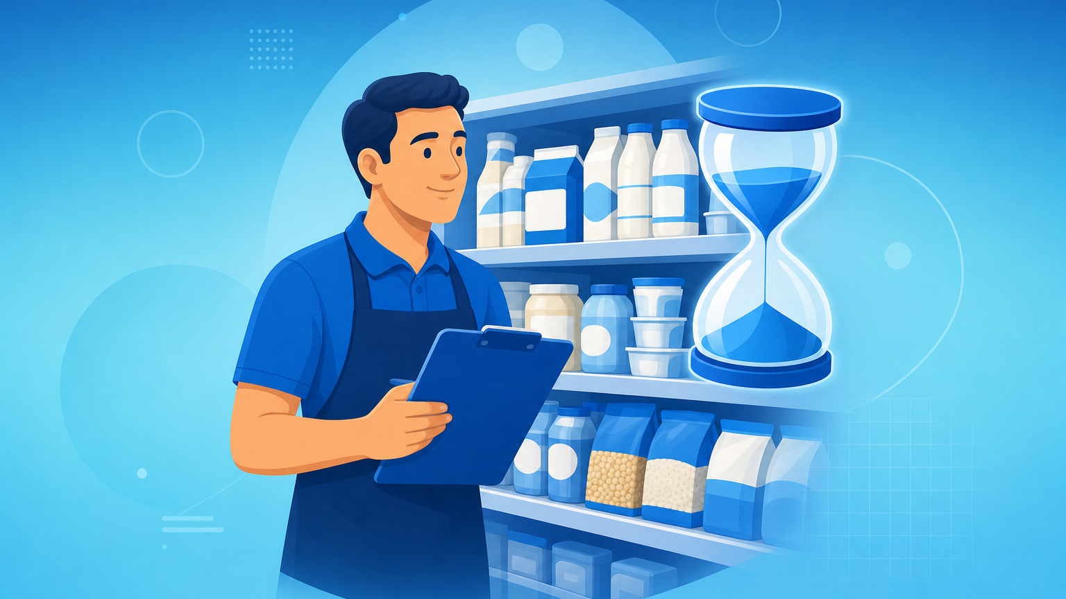 Controle de validade de produtos: lojista conferindo datas de validade nas prateleiras do mercado