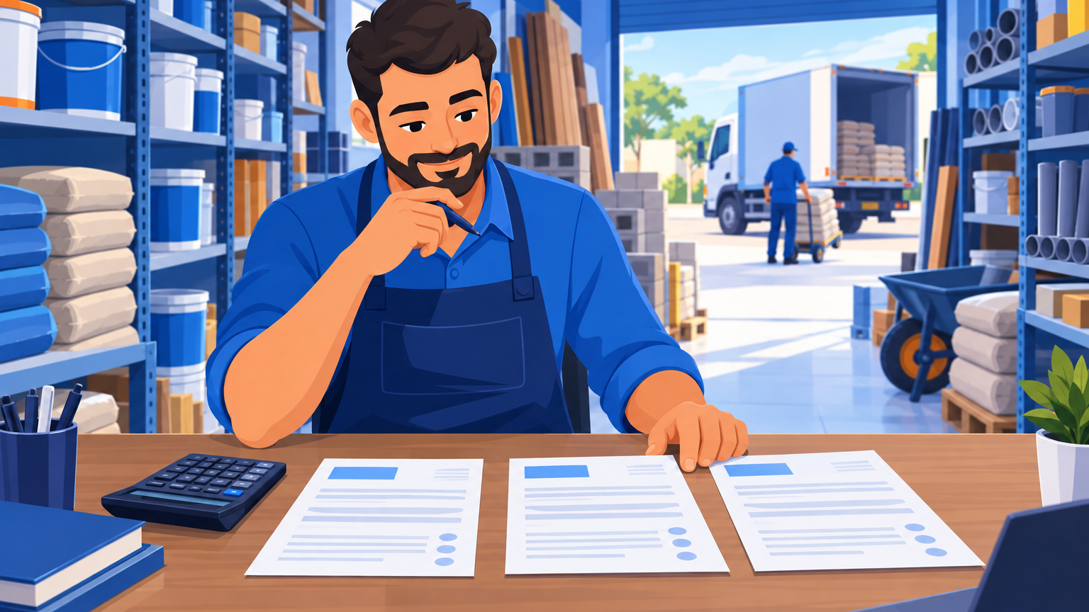 Dono de loja de material de construção comparando três orçamentos de fornecedores na mesa do escritório
