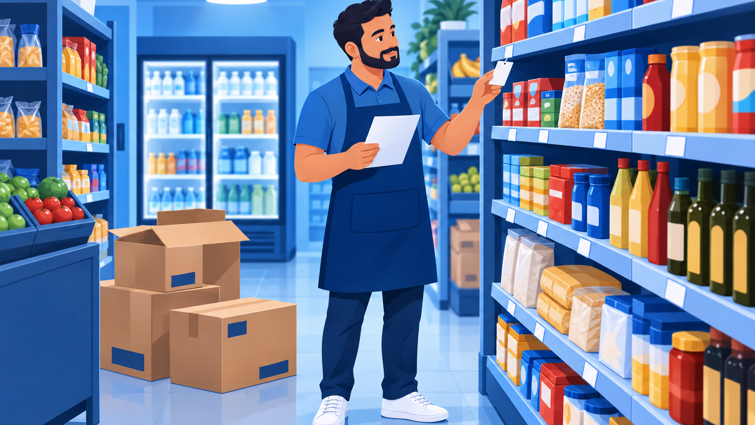 Dono de mercadinho conferindo a nota do fornecedor ao lado da prateleira com a etiqueta de preço na mão, ilustrando custo médio ponderado e custo de reposição