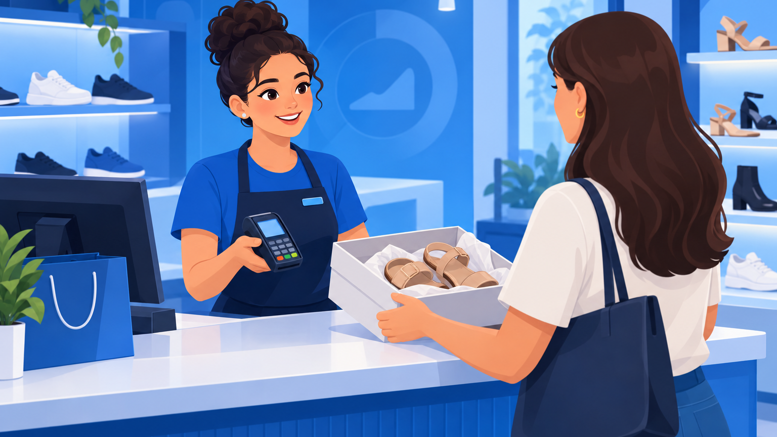 Operadora de caixa passando o cartão do cliente na maquininha para fazer o estorno de uma compra devolvida na loja