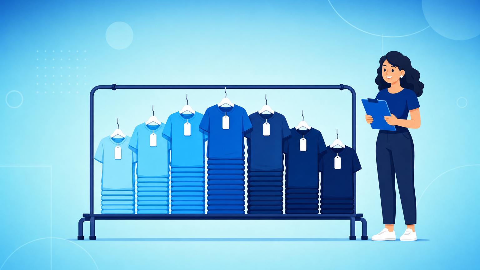 Araras de roupas organizadas por tamanho numa loja de moda, com peças separadas em pilhas de tamanhos diferentes, representando a grade de tamanhos