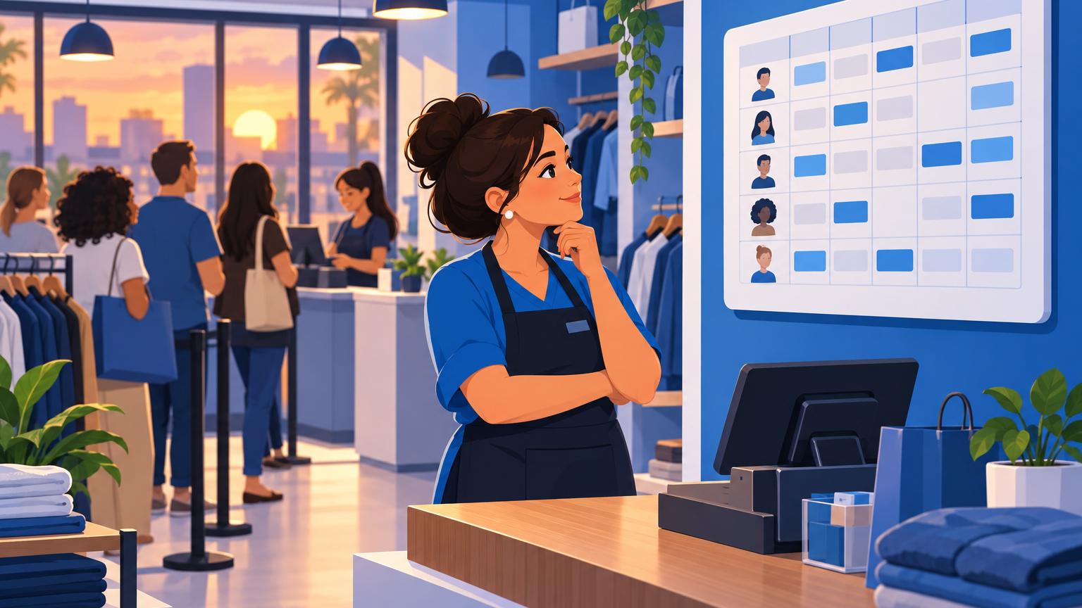 Dona de loja olhando a escala da equipe num quadro atrás do balcão enquanto a fila do caixa cresce, ilustrando a escolha entre hora extra ou contratar mais um funcionário