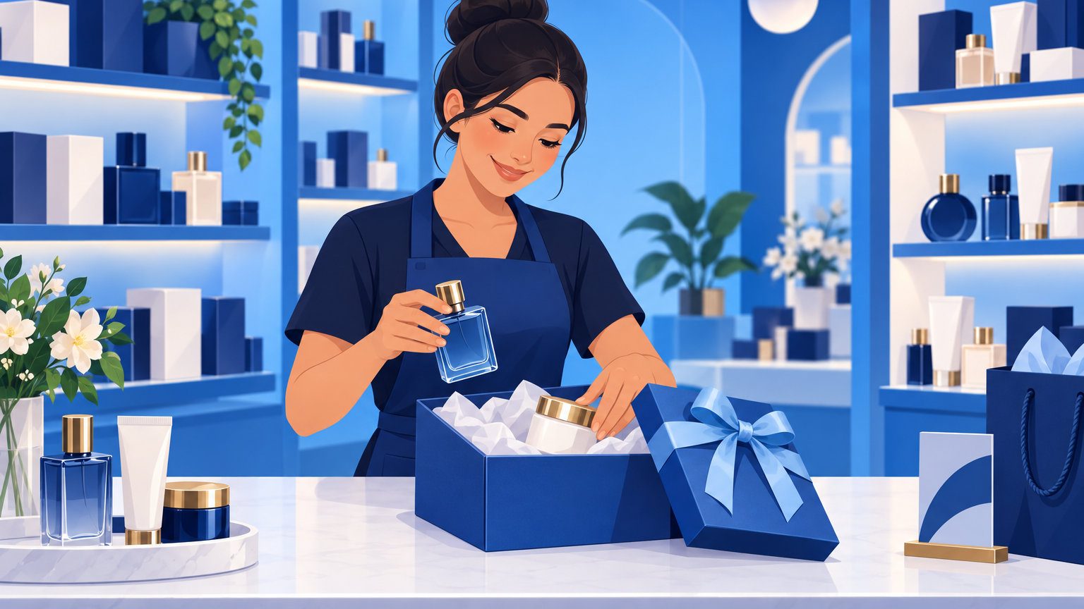 Atendente montando um kit de produtos com perfume, hidratante e caixa de presente no balcão de uma perfumaria