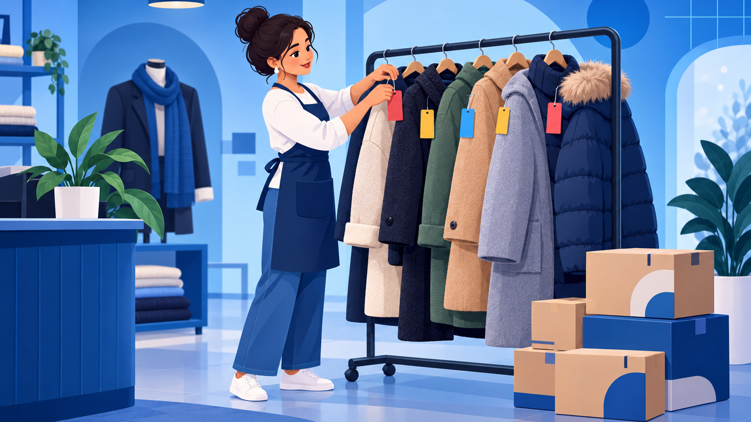 Dona de loja de roupas trocando as etiquetas de preço das peças de inverno numa arara de liquidação enquanto caixas da coleção nova esperam no chão