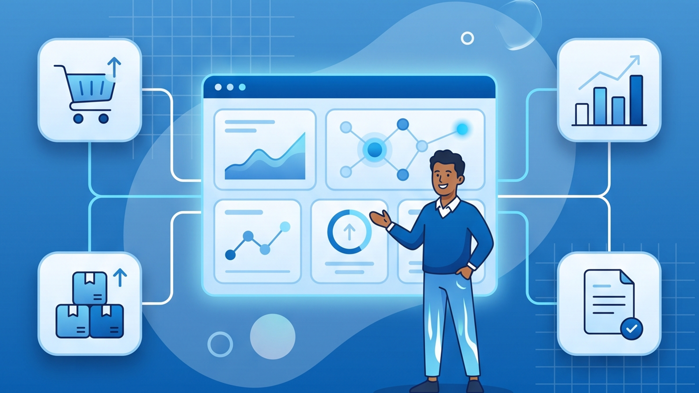 Empreendedor acompanhando a gestão do negócio em um painel de sistema ERP