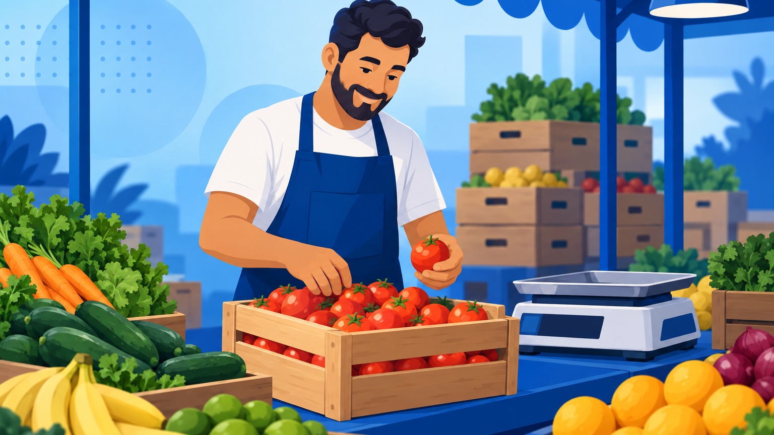 Dono de hortifruti separando tomates maduros de uma caixa na banca, com a balança ao lado, ilustrando a perda no hortifruti