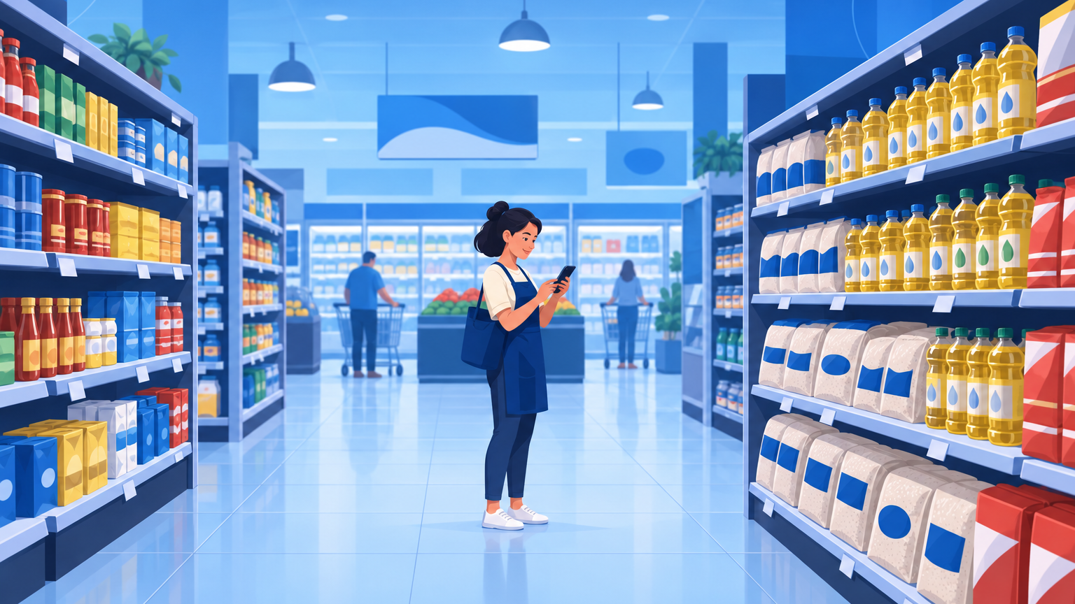 Dona de loja anotando no celular os preços de uma gôndola de supermercado concorrente, ilustrando a pesquisa de preço da concorrência