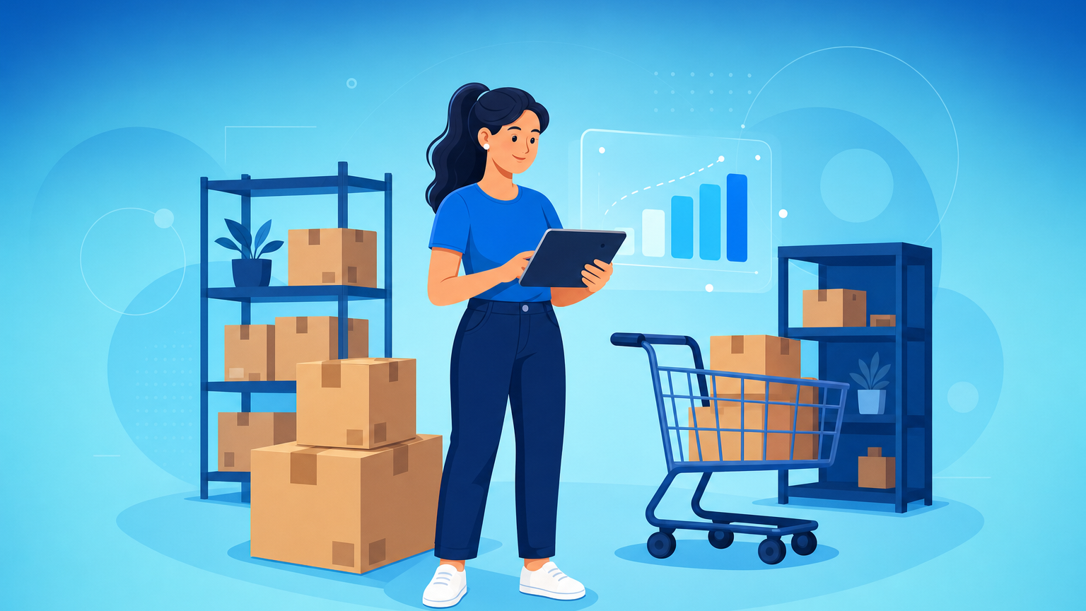 Lojista fazendo o planejamento de compras de estoque com sistema de gestão e caixas no depósito