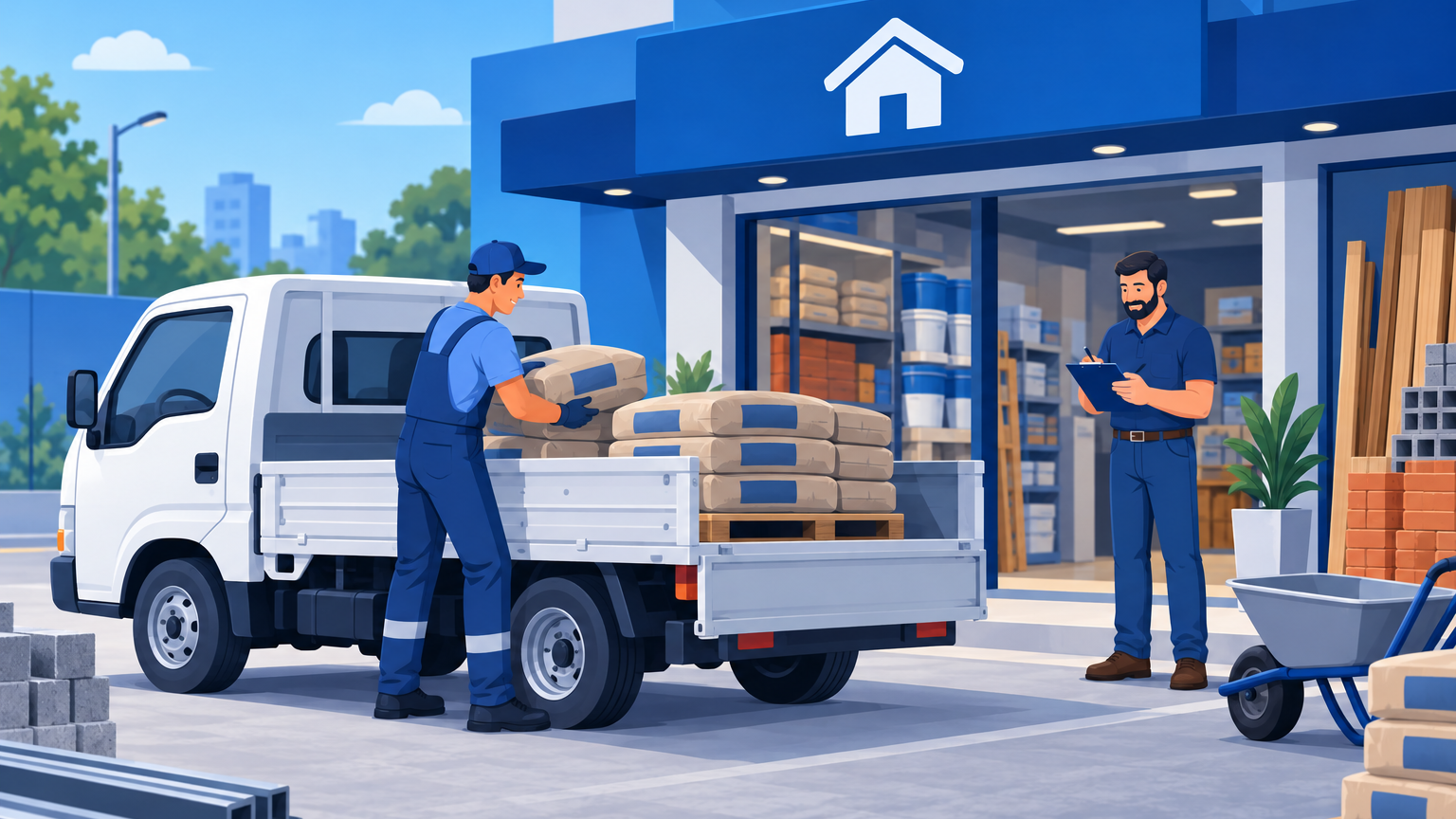 Caminhão pequeno sendo carregado com sacos de cimento na frente de uma loja de material de construção, ilustrando quanto cobrar pela entrega