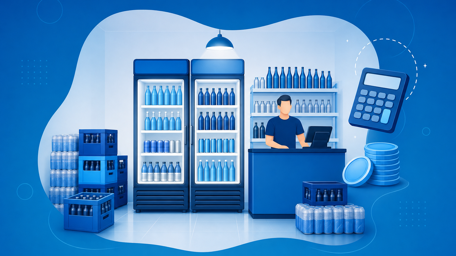 Interior de um depósito de bebidas de bairro com expositores refrigerados, fardos empilhados e balcão de atendimento, representando quanto custa abrir um depósito de bebidas