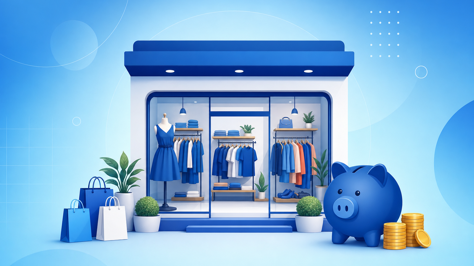Araras de roupas e balcão de uma loja nova, representando o investimento para abrir uma loja de roupas