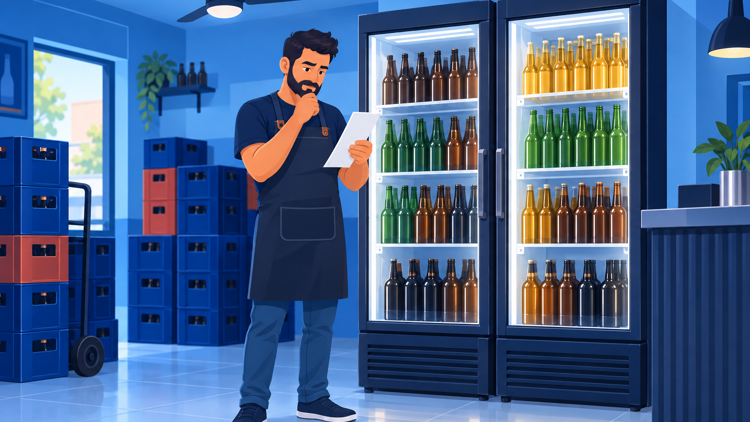 Dono de depósito de bebidas conferindo a conta de luz ao lado de dois freezers expositores cheios de garrafas
