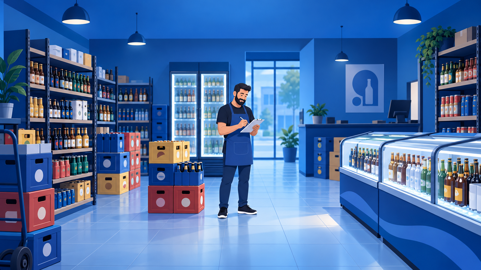 Dono de depósito de bebidas conferindo fardos de cerveja ao lado do freezer expositor, ilustrando quanto lucra um depósito de bebidas