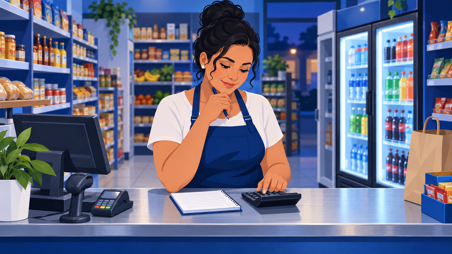 Dona de mercadinho de bairro conferindo o relatório do mês no balcão, entre a gôndola de mercearia e a geladeira de bebidas, ilustrando quanto lucra um mercadinho