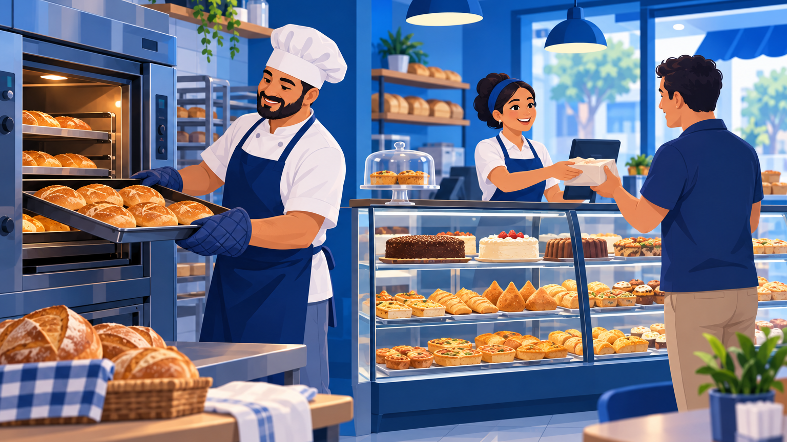 Padeiro tirando uma fornada de pão francês do forno enquanto a atendente serve no balcão de uma padaria de bairro, ilustrando quanto lucra uma padaria