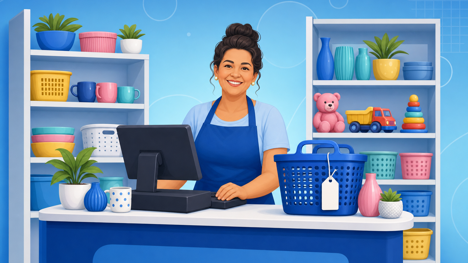 Dona de bazar usando um sistema de gestão no caixa com prateleiras de utilidades e variedades