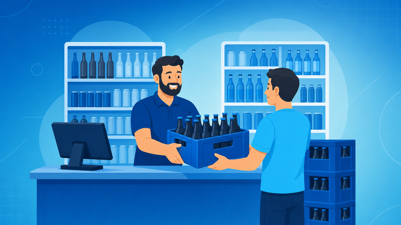 Dono de depósito de bebidas registrando venda de engradados no sistema de gestão do balcão