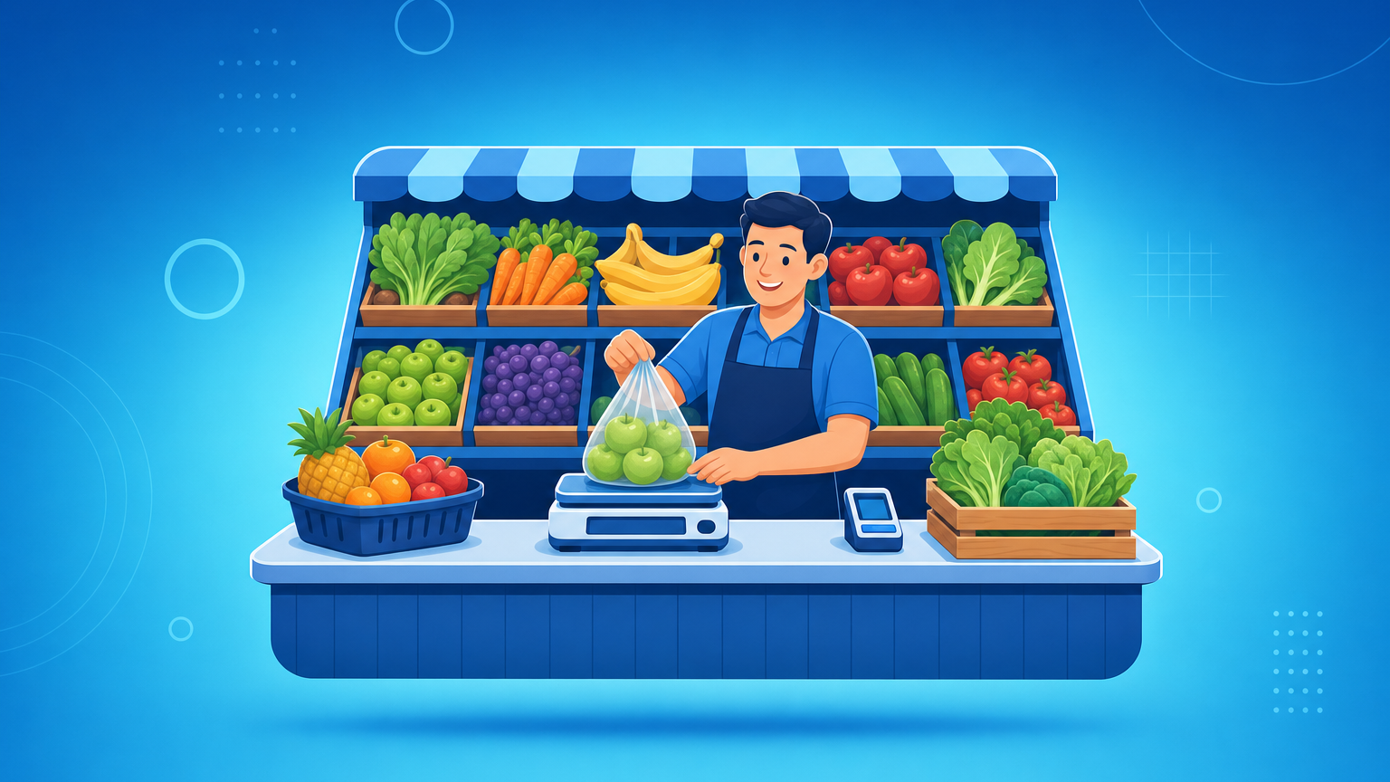 Dono de hortifruti pesando frutas na balança integrada ao sistema de gestão no caixa
