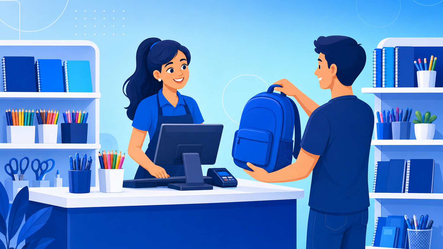 Atendente usando um sistema para papelaria no caixa com prateleiras de material escolar
