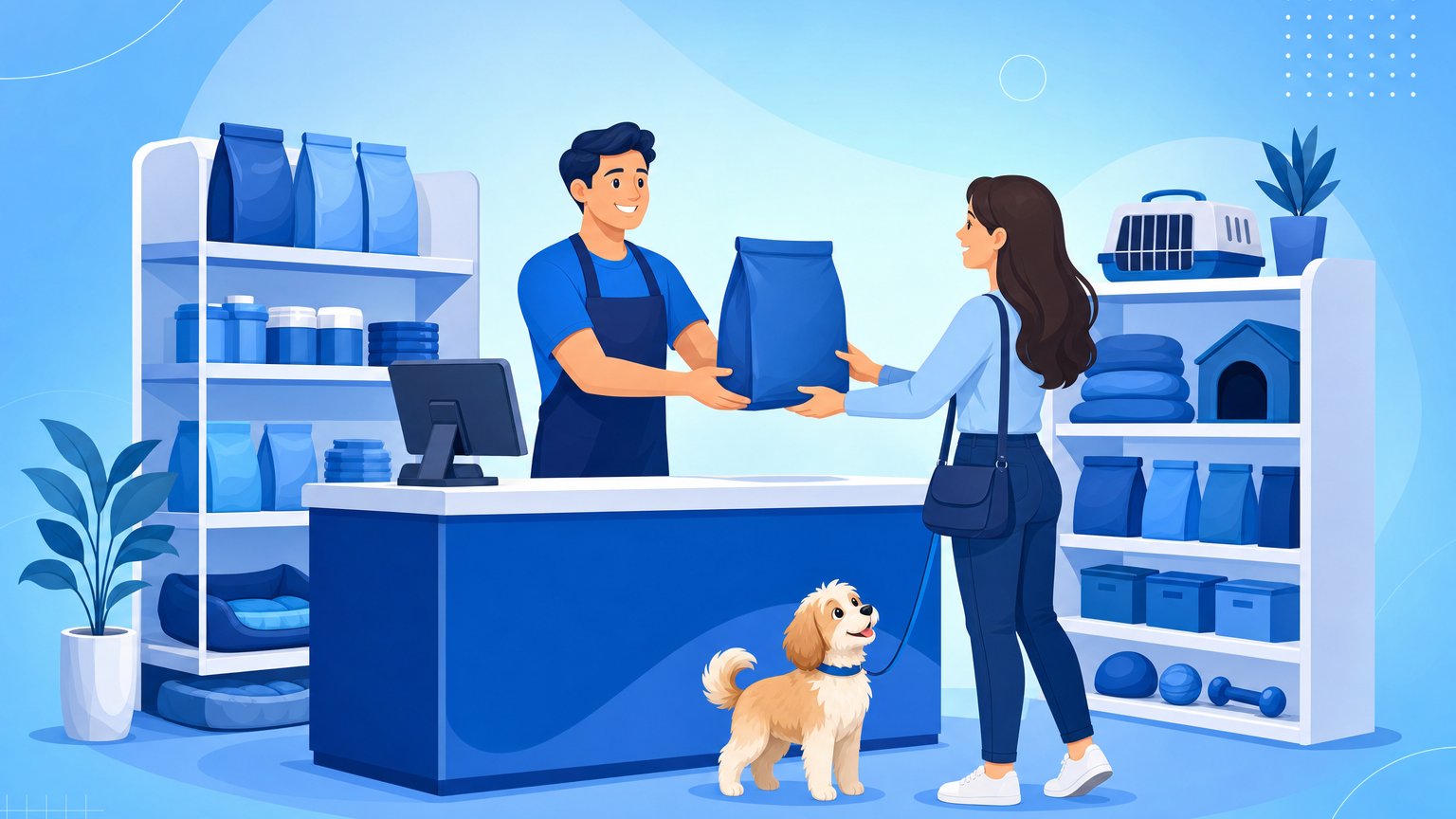 Dono de pet shop atendendo no balcão com sistema de gestão, prateleiras de ração ao fundo