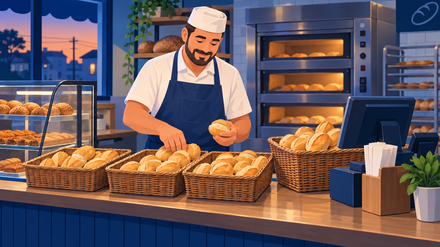 Padeiro contando a sobra de pão na padaria ao fim do dia, com cestos de pão francês no balcão e o forno ao fundo