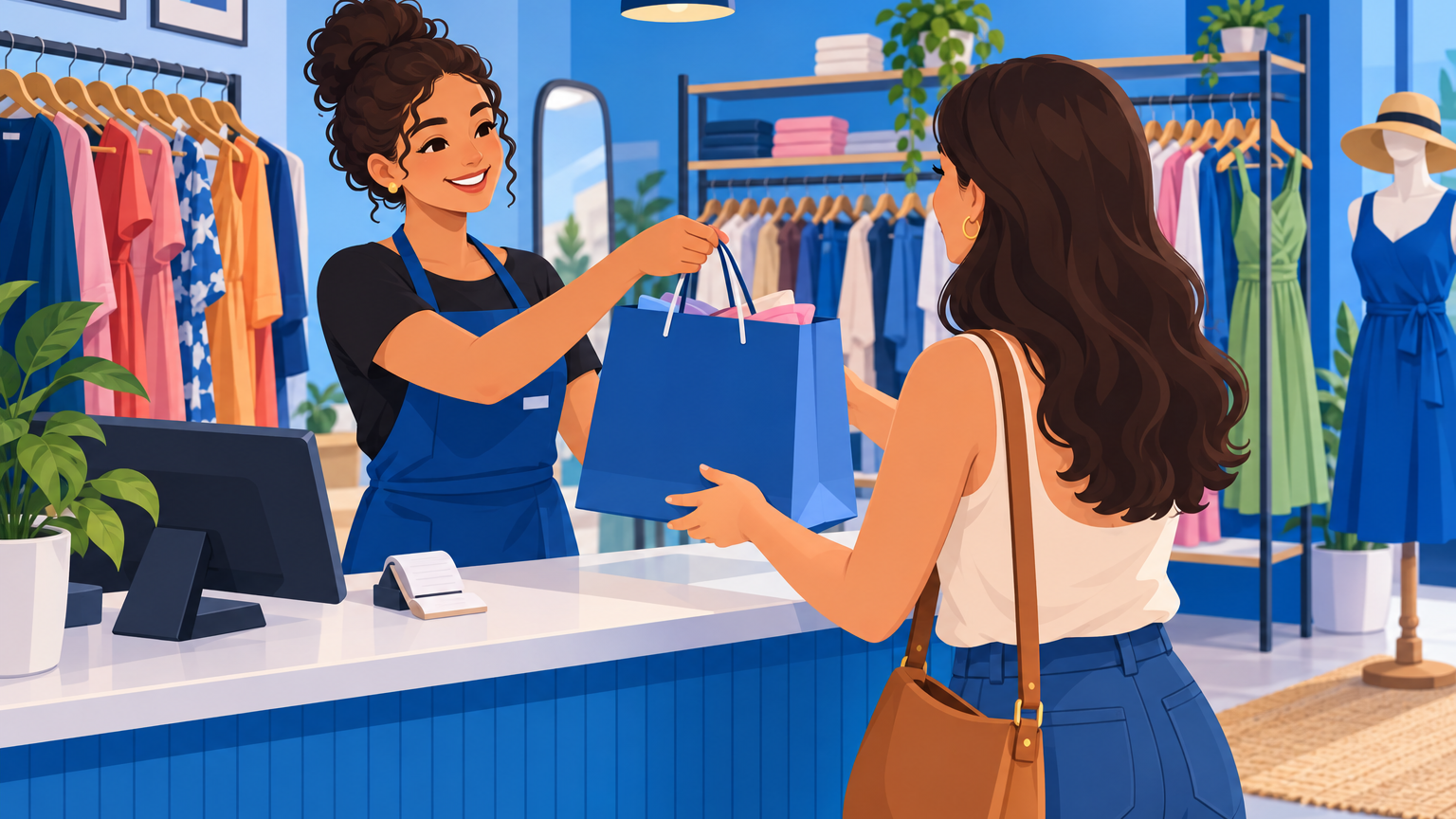 Vendedora de loja de roupas entregando sacola de venda condicional a uma cliente no balcão, com araras ao fundo