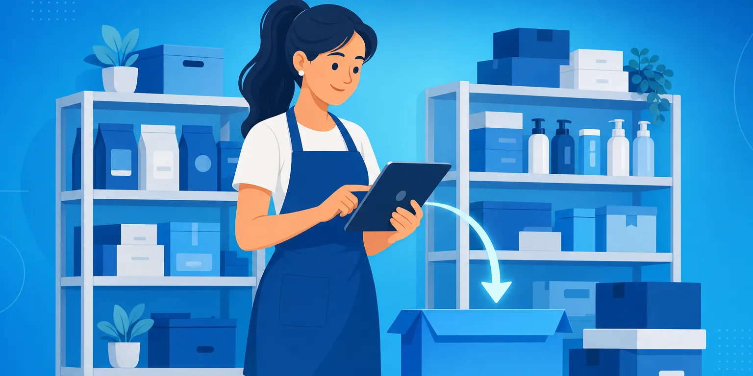 Baixa no estoque: lojista conferindo produtos na prateleira com o saldo do sistema