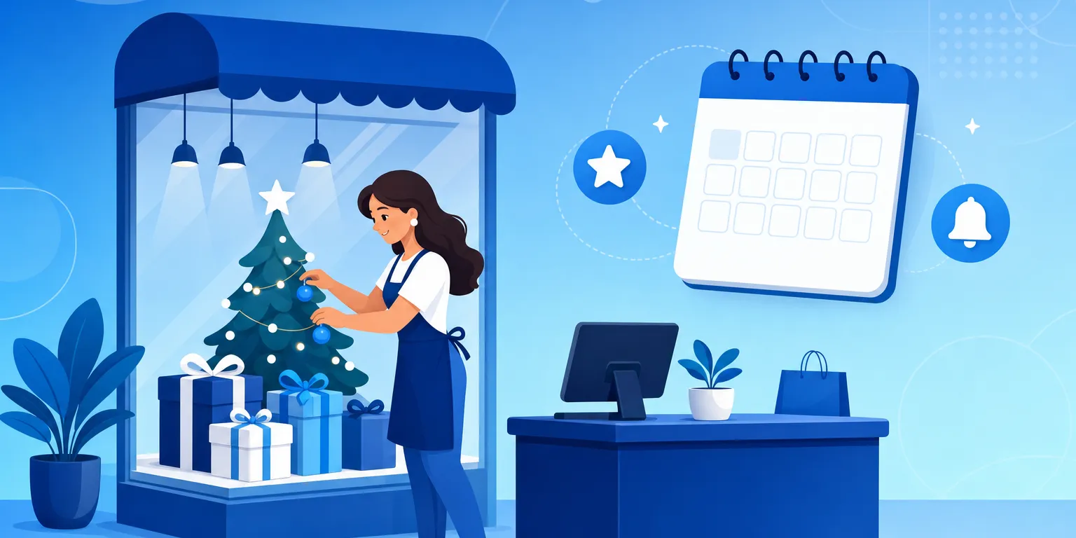 Dona de loja física preparando a vitrine e o caixa para as vendas de Natal com um calendário de planejamento