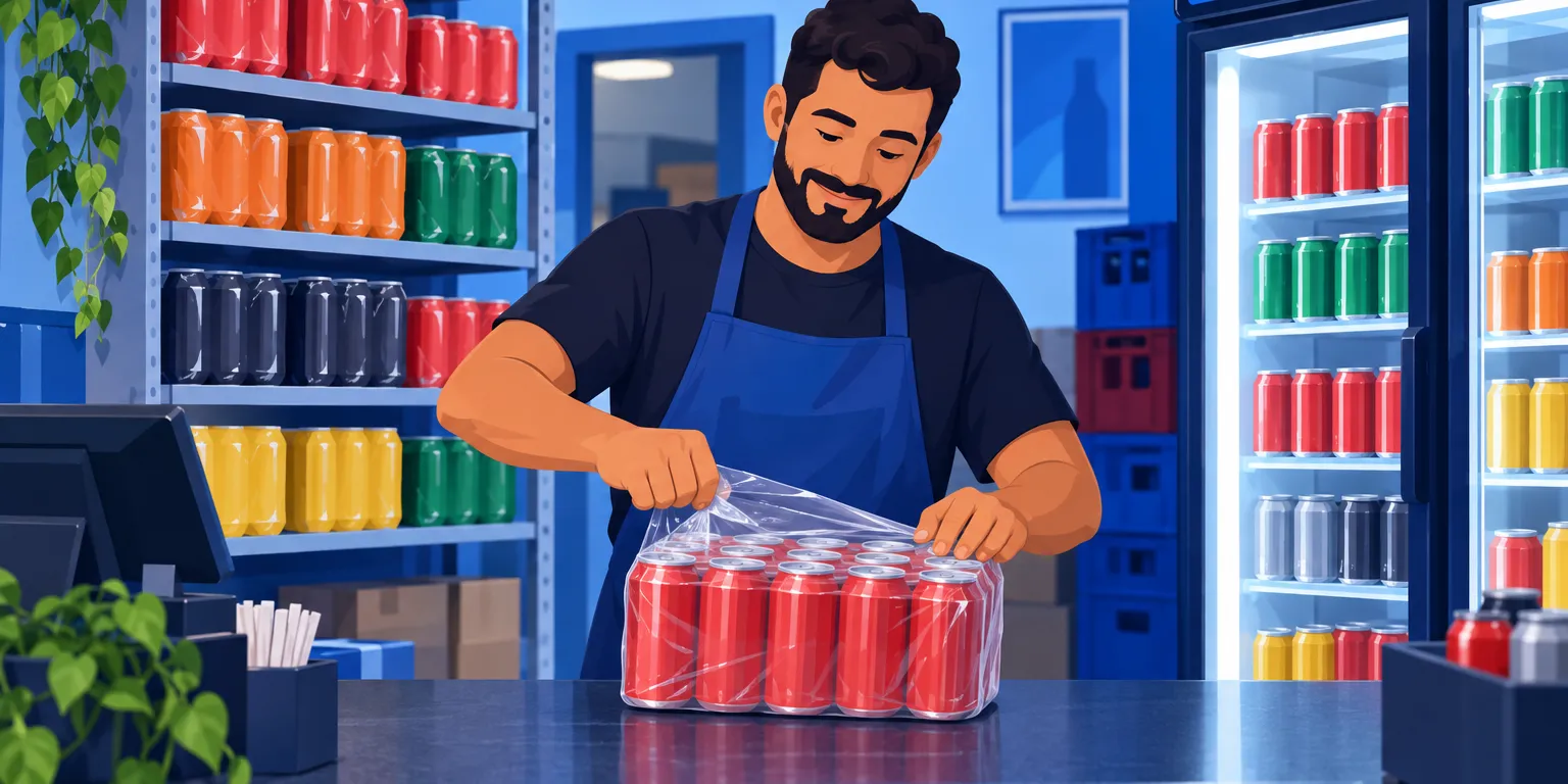 Dono de depósito de bebidas abrindo um fardo de latas ao lado de fardos fechados na prateleira, ilustrando comprar em caixa e vender por unidade