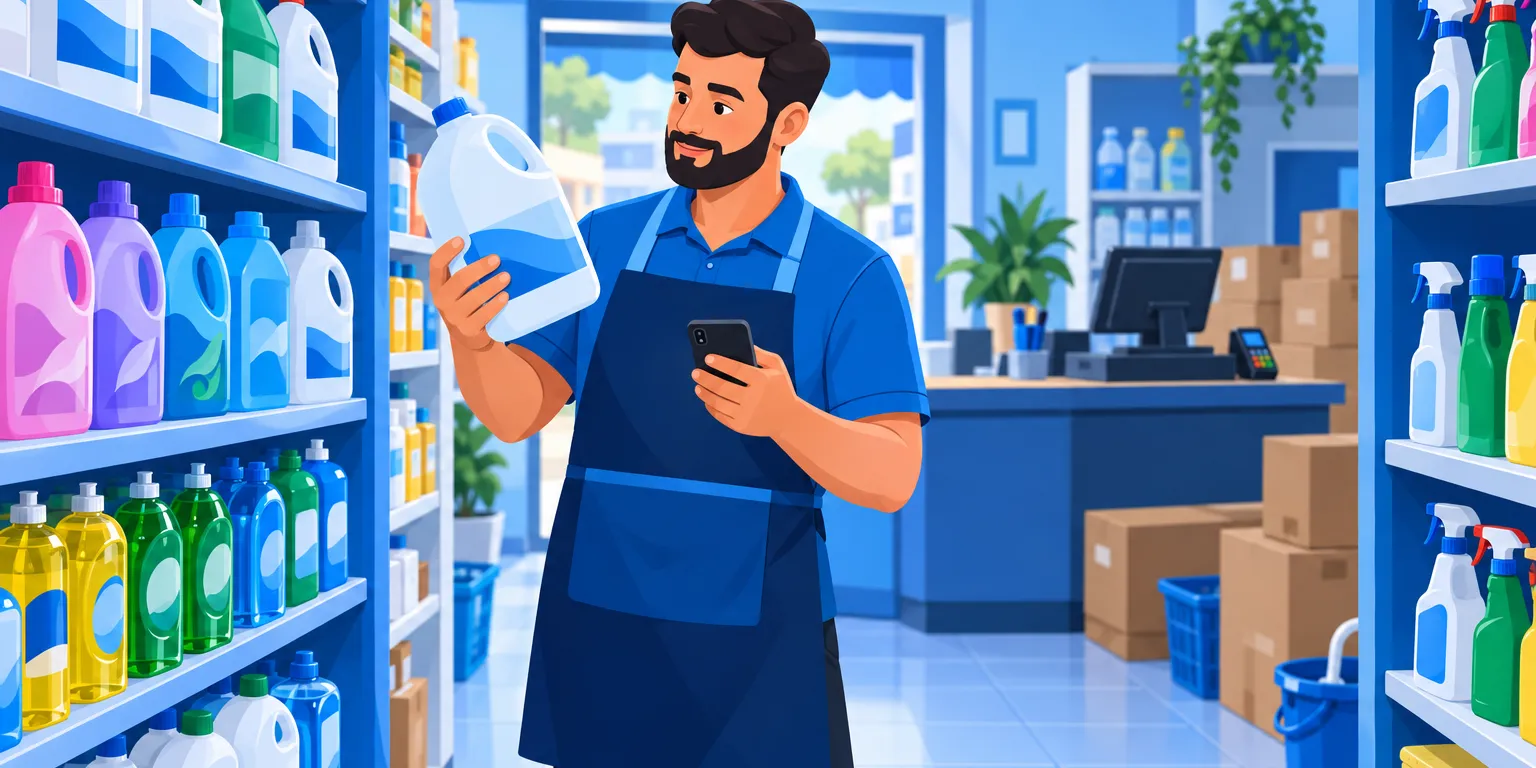Dono de loja de produtos de limpeza conferindo o lote de um alvejante na prateleira com o sistema no celular