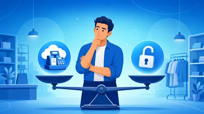 Dono de loja comparando alternativas ao MarketUP em um sistema de gestão no computador do balcão