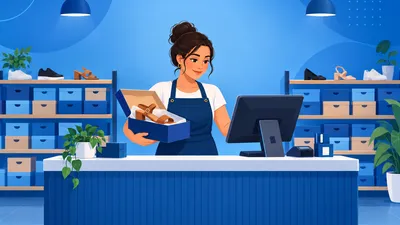 Dona de loja de calçados no balcão avaliando uma alternativa ao Seta Digital no sistema do caixa, com caixas de sapato na prateleira